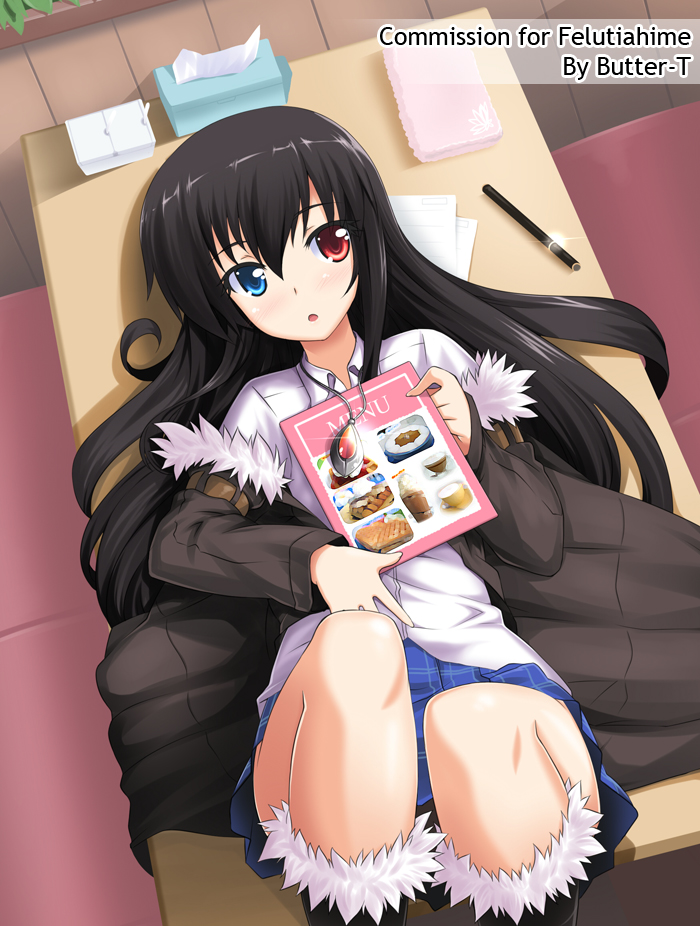 bellezza_felutia black_hair blue_eyes blush borrowed_character butter-t heterochromia jewelry long_hair lying male_focus menu on_back on_table open_mouth original pendant red_eyes skirt solo table tissue_box