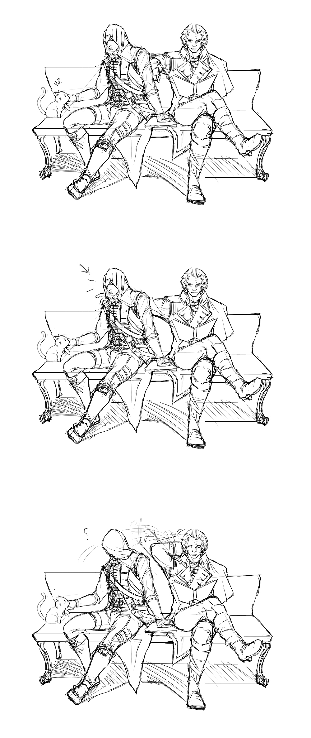 ? assassin's_creed_(series) assassin's_creed_iii bench book boots cat connor_kenway directional_arrow george_washington greyscale highres hood monochrome multiple_boys sketch sunny_(mnbvjkuy)