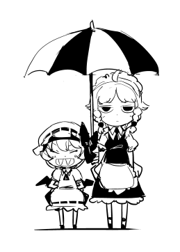 :d ^_^ apron arms_behind_back bat_wings bored bow closed_eyes dress fangs greyscale grin hat hat_bow height_difference high_contrast holding holding_umbrella hounori izayoi_sakuya looking_at_viewer lowres maid maid_headdress monochrome multiple_girls open_mouth puffy_sleeves remilia_scarlet shared_umbrella sharp_teeth short_sleeves side-by-side smile standing teeth touhou umbrella wings