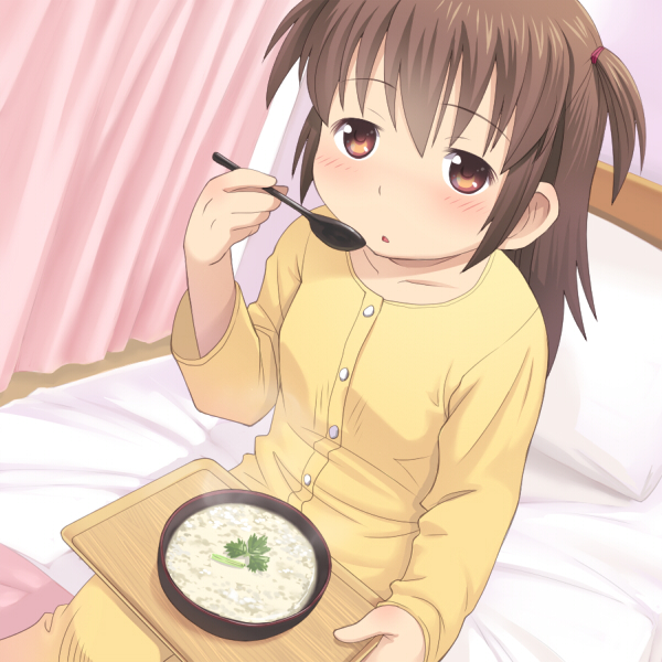 bangs bed bed_sheet bedroom blush bowl breasts brown_eyes brown_hair curtains dutch_angle eating eyebrows_visible_through_hair food holding holding_spoon indoors long_hair long_sleeves looking_at_viewer meow_(nekodenki) on_bed one_side_up original pajamas pants porridge sick sitting small_breasts solo spoon steam tray yellow_pants
