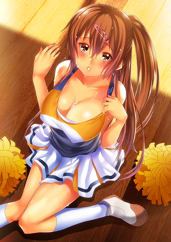 bare_shoulders blush breasts brown_eyes brown_hair cheerleader chuunibyou_demo_koi_ga_shitai! cleavage collarbone from_above hair_ornament hairclip kneehighs large_breasts looking_at_viewer looking_up nibutani_shinka one_side_up pom_poms shoes sitting solo sweat un4lord white_legwear wooden_floor