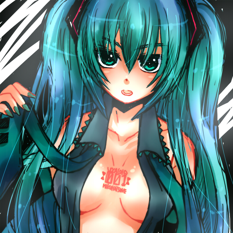 bad_id bad_pixiv_id breasts character_name hatsune_miku long_hair looking_at_viewer medium_breasts misato_(mi_to) necktie open_clothes open_mouth open_shirt shirt solo vocaloid