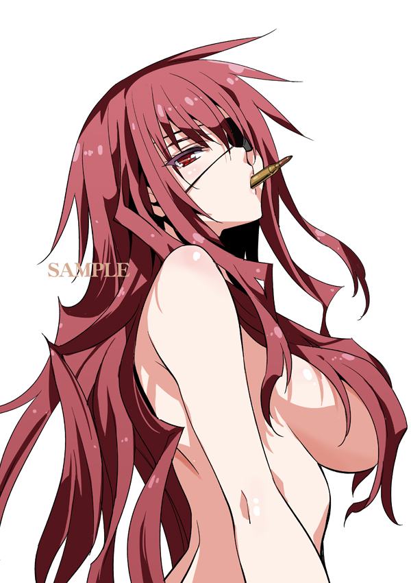 bare_shoulders breasts bullet eyepatch from_side hair_censor hair_over_breasts inue_shinsuke large_breasts long_hair maji_de_watashi_ni_koi_shinasai! margit_eberbach mouth_hold red_eyes red_hair sample sideboob simple_background solo white_background