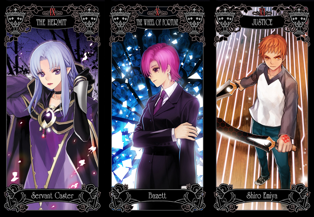 2girls bad_id bad_pixiv_id bazett_fraga_mcremitz blue_eyes blue_hair braid brown_eyes caster character_name dress dual_wielding earrings emiya_shirou fate/hollow_ataraxia fate/stay_night fate_(series) formal holding jewelry justice_(tarot_card) kanshou_&amp;_bakuya mole mole_under_eye multiple_girls necktie orange_eyes orange_hair purple_hair raglan_sleeves riki_(elseeker) short_hair suit sword tarot the_hermit_(tarot_card) weapon wheel_of_fortune_(tarot_card)