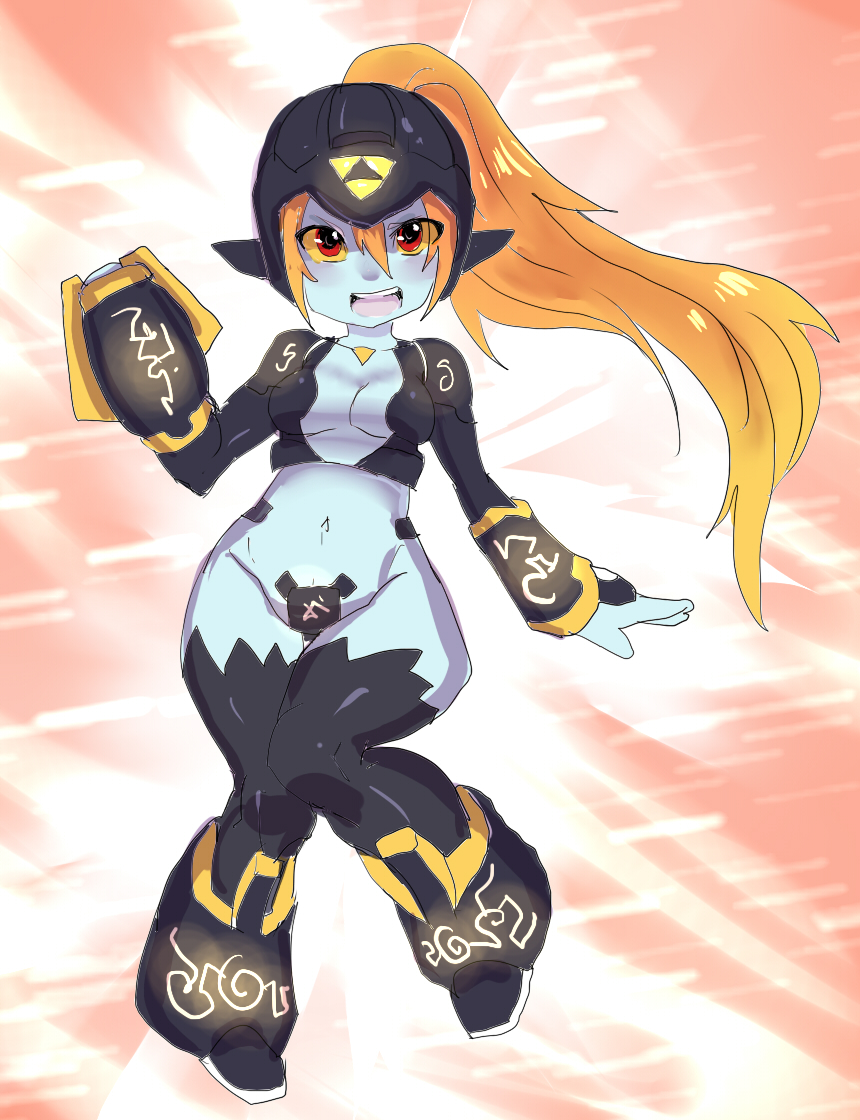arm_cannon breasts crotch_plate helmet imp long_hair maniacpaint medium_breasts midna orange_hair parody ponytail red_eyes rockman rockman_x solo the_legend_of_zelda the_legend_of_zelda:_twilight_princess triforce weapon wide_hips yellow_sclera