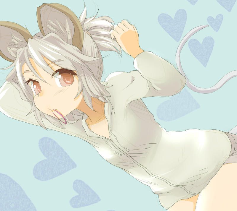 adjusting_hair animal_ears blush grey_hair hood hoodie ishikkoro looking_at_viewer mouse_ears mouse_tail mouth_hold nazrin ponytail red_eyes rubber_band short_hair solo tail touhou