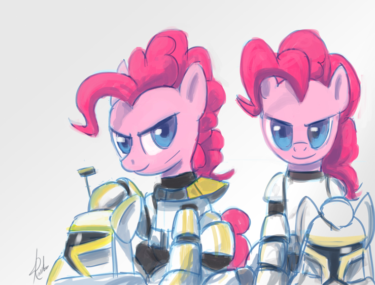 armor blue_eyes clone clone_troopers duo equine female feral friendship_is_magic hair helmet horse mammal my_little_pony pink pink_body pink_hair pinkie_pie_(mlp) plain_background pony raikoh-illust scar star_wars white_background