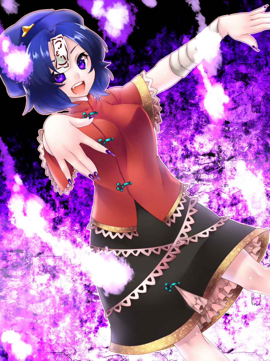 :3 :d bad_id bad_pixiv_id bandages blue_hair expressive_clothes fang fingernails hat highres looking_at_viewer miyako_yoshika nail_polish ofuda open_mouth outstretched_arms purple_eyes sharp_fingernails short_hair smile solo star touhou v-shaped_eyebrows yutazou zombie_pose