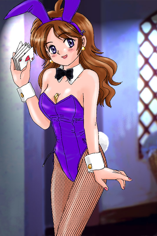 animal_ears between_breasts breasts brown_hair bunny_ears bunnysuit card copyright_request fishnet_pantyhose fishnets holding holding_card lighter marison_(aono107) pantyhose purple_eyes solo