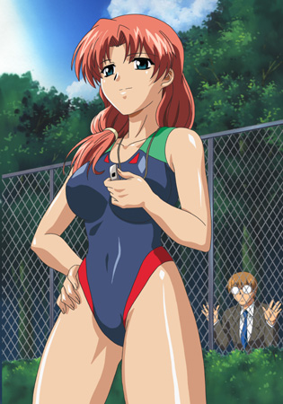 1girl against_fence aqua_eyes bangs blue_swimsuit breasts brown_hair bush chain-link_fence cloud competition_swimsuit covered_navel cowboy_shot day fence formal glasses hair_over_shoulder hand_on_hip holding jewelry kijima_mayumi large_breasts light_smile long_hair looking_afar lowres mejoku necklace necktie one-piece_swimsuit opaque_glasses orange_hair outdoors parted_bangs peeking ponytail saruwatari_joutarou screencap scrunchie shiny shiny_skin short_hair sky smile solo_focus standing suit swimsuit teacher tree whistle