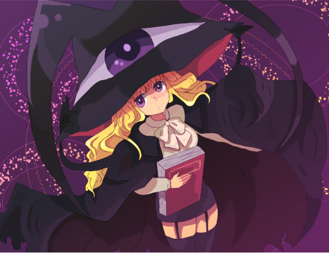 blonde_hair book bow bowtie cape cheddar-mm hat lilith_(yamibou) long_hair purple_background purple_hair solo witch_hat yami_to_boushi_to_hon_no_tabibito