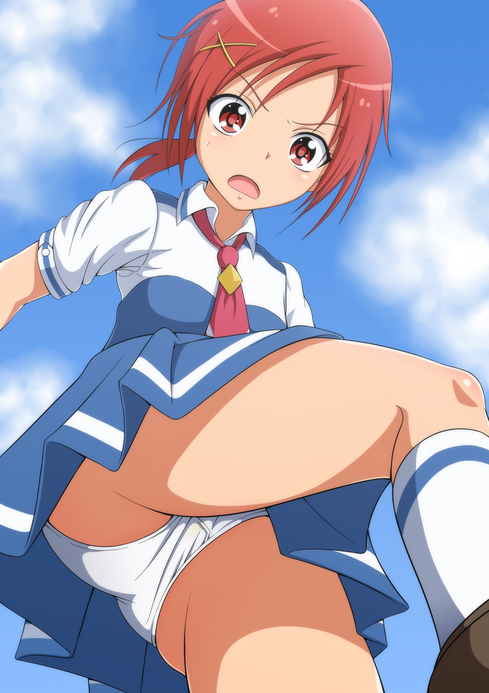 bad_id bad_pixiv_id hair_ornament highres hino_akane_(smile_precure!) necktie open_mouth panties precure red_eyes red_hair school_uniform short_hair smile_precure! solo umigraphics underwear upskirt white_panties