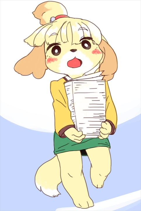 1girl animal_crossing animal_ears anthro artist_request barefoot black_eyes blonde_hair blush canine clothing dog doubutsu_no_mori feet female hair isabelle_(animal_crossing) mammal nintendo paper paws shizue_(animal_crossing) shizue_(doubutsu_no_mori) solo tail toes translation_request unknown_artist video_games