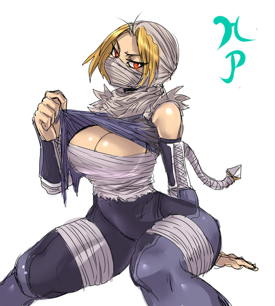 1girl arm_support bandage bandages bare_shoulders blonde_hair breasts cleavage detached_sleeves deviantart_thumbnail face_mask large_breasts maniacpaint mask ninja ocarina_of_time red_eyes sarashi sheik shirt_lift short_hair sitting solo the_legend_of_zelda the_legend_of_zelda:_ocarina_of_time top_lift