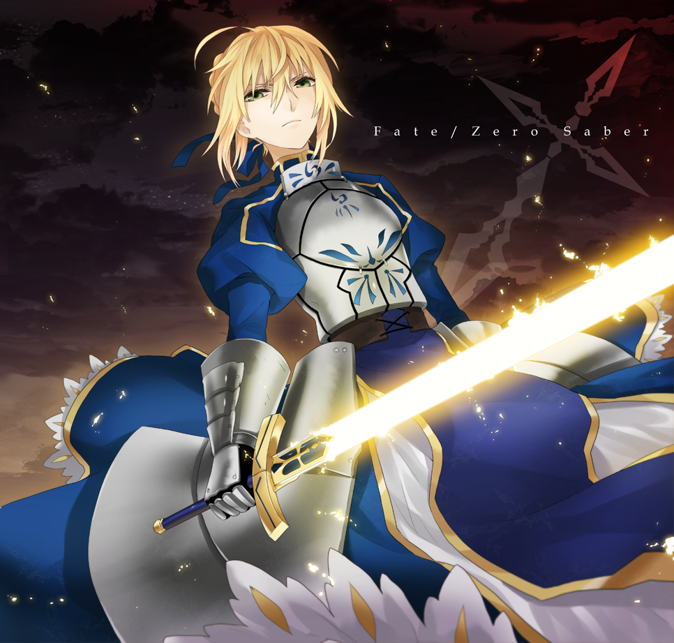 ahoge armor armored_dress artoria_pendragon_(all) bad_id bad_pixiv_id blonde_hair character_name command_spell copyright_name dress excalibur fate/zero fate_(series) glowing glowing_sword glowing_weapon green_eyes hair_ribbon kyou_zip revision ribbon saber solo sword weapon