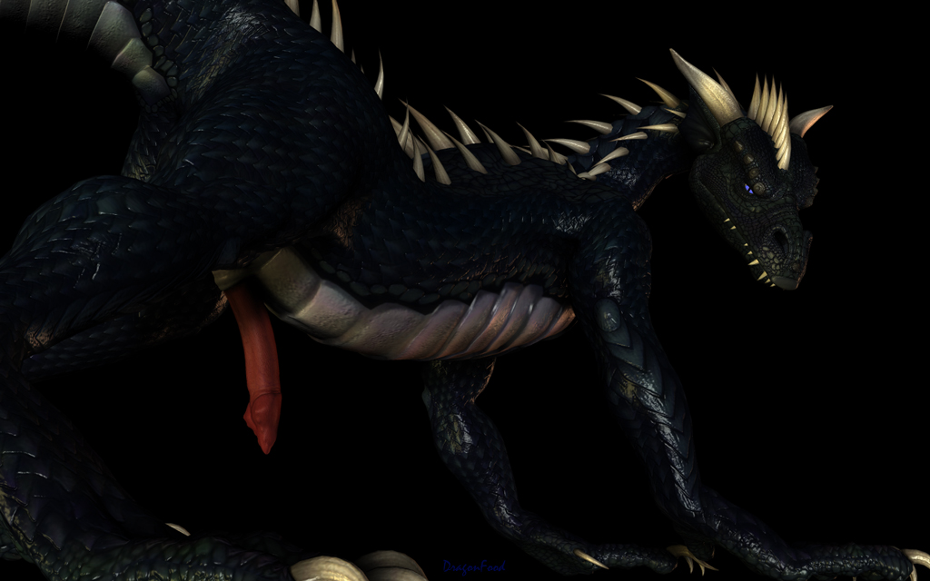 black_dragon blue_eyes claws dragon dragonfood erection feral horn male penis scales scalie solo spikes