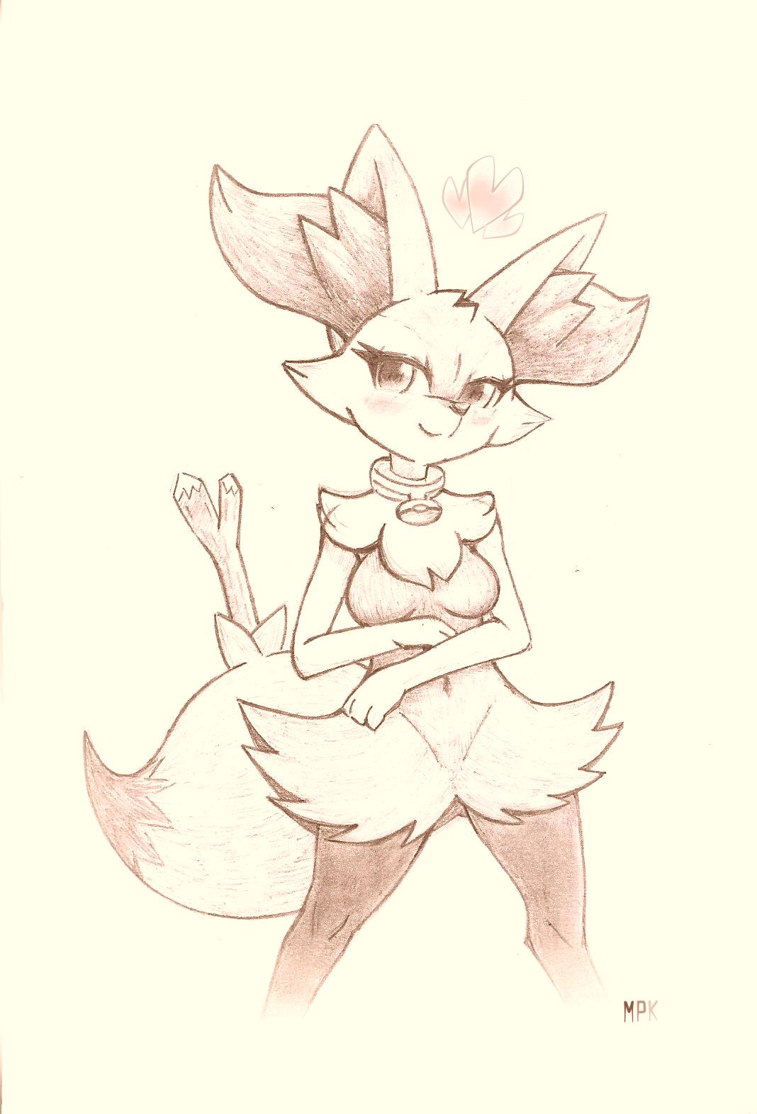 1girl animal_ears artist_name beige_background blush braixen breasts closed_mouth collar creatures_(company) cropped_legs female fox_ears fox_tail fullfolka furry game_freak gen_6_pokemon half-closed_eyes happy heart highres jpeg_artifacts legs_apart looking_at_viewer medium_breasts monochrome navel nintendo no_humans no_nipples paws poke_ball_theme pokemon pokemon_(creature) signature simple_background smile solo standing stick tail traditional_media