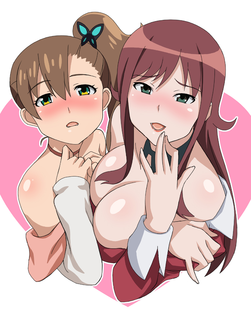 2girls akana_rui bare_shoulders blush breasts brown_hair bust butterfly choker chousoku_henkei_gyrozetter cleavage flat_chest green_eyes hair_ornament huge_breasts inaba_rinne long_hair looking_up makino_tomoyasu multiple_girls off_shoulder open_mouth pink_background red_hair side_ponytail simple_background smile upper_body white_background