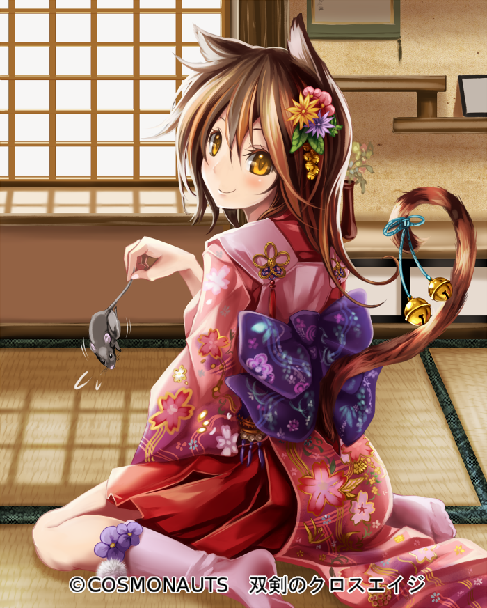 animal_ears bell blush bow brown_eyes brown_hair cat_ears cat_tail character_request flower hair_flower hair_ornament holding i-la japanese_clothes long_hair mouse sitting smile solo souken_no_cross_age tail tail_bell tatami wariza