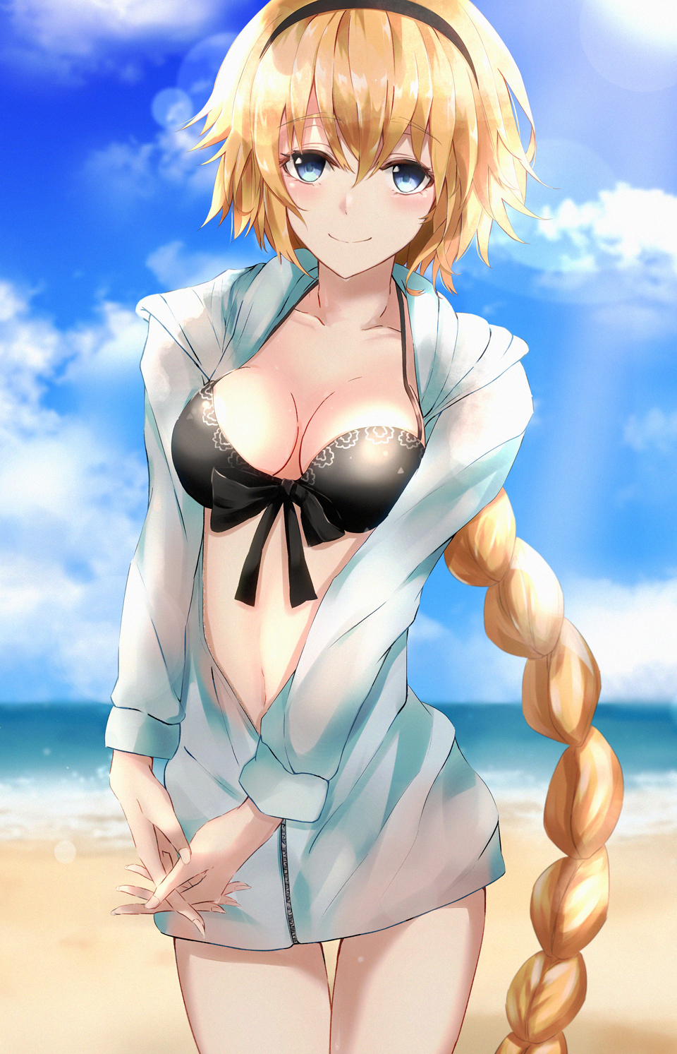 1girl beach black_bikini_top black_bow blonde_hair blue_eyes blue_sky blurry blurry_background blush bow braid braided_ponytail breasts cleavage cloud collarbone cowboy_shot eyebrows_visible_through_hair fate/grand_order fate_(series) hair_between_eyes hair_bow hands_together highres hood hood_down hooded_jacket interlocked_fingers jacket jeanne_d'arc_(fate)_(all) jeanne_d'arc_(swimsuit_archer) ka1se1 lens_flare long_hair looking_at_viewer medium_breasts ocean open_clothes open_jacket single_braid sky smile solo standing thigh_gap very_long_hair white_jacket