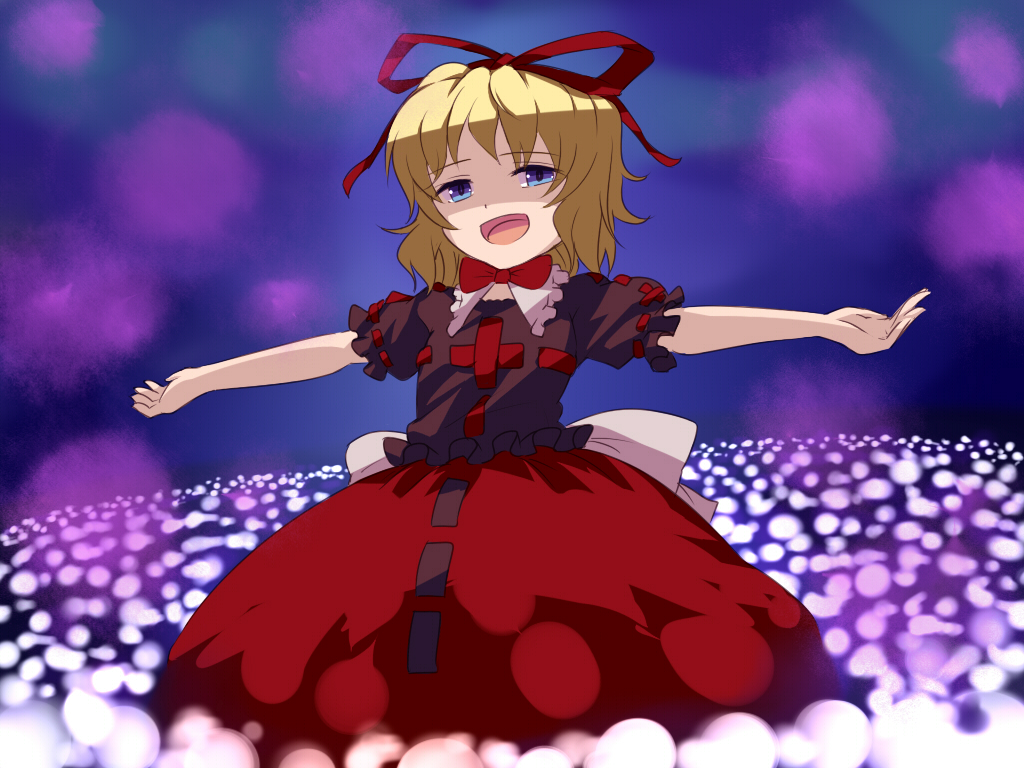 blonde_hair blue_eyes bow hair_ribbon medicine_melancholy miyo_(ranthath) open_mouth outstretched_arms ribbon short_hair skirt smile solo touhou