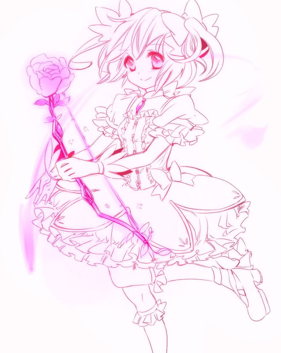 bow bow_(weapon) bubble_skirt flower frilled_legwear frills gloves hair_bow highres kaname_madoka kneehighs magical_girl mahou_shoujo_madoka_magica monochrome pink_eyes puffy_sleeves rose short_twintails skirt smile solo twintails weapon yamada_ako
