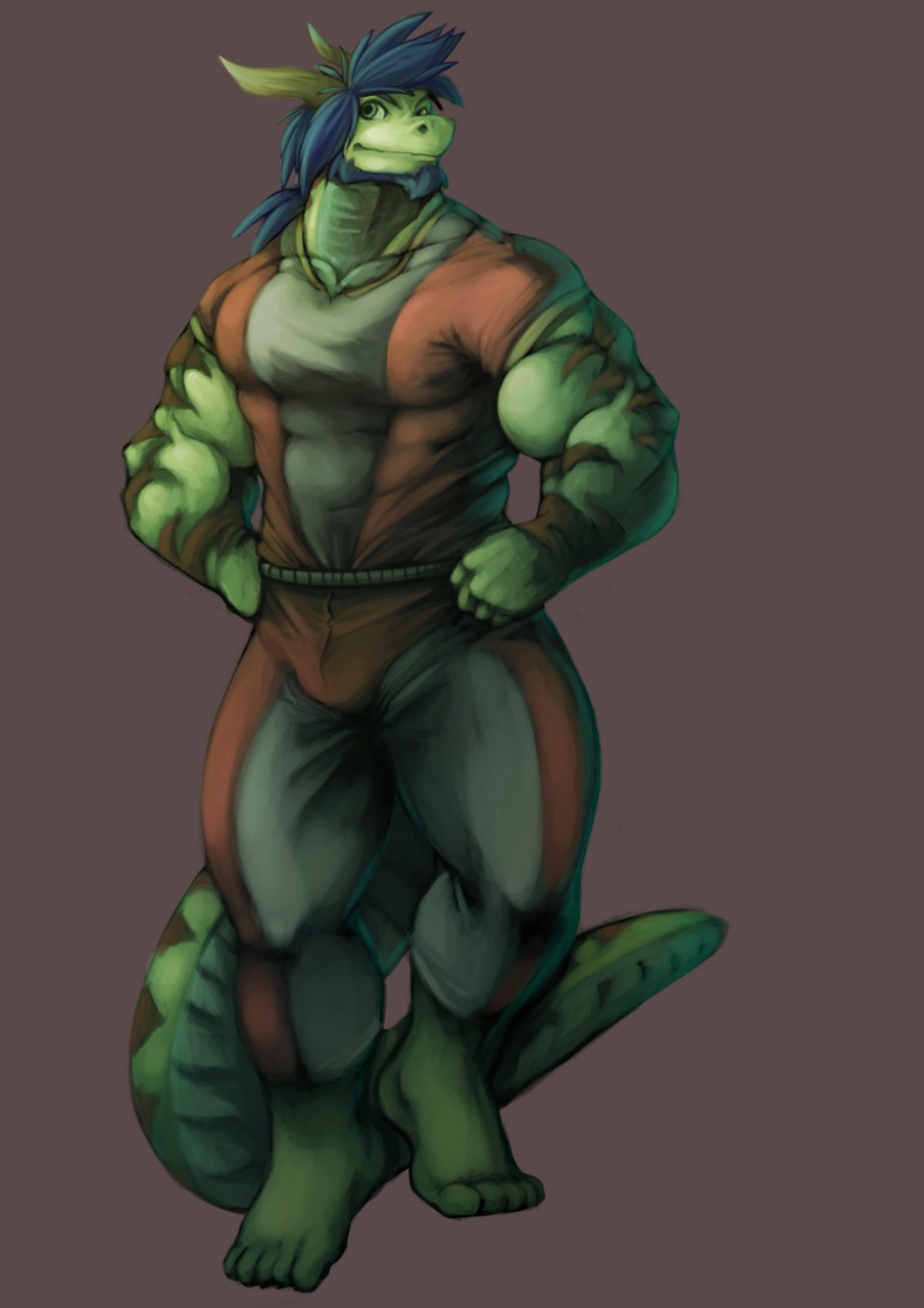abstract_background anthro beard ben-ben biceps blue_hair brown_background bulge clothing dragon facial_hair green_eyes green_skin grey_background hair horn male muscles pants pecs plain_background pose scales scalie shirt solo vein
