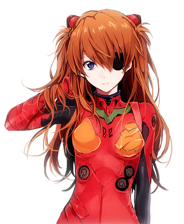 arisaka_ako arm_at_side backlighting bangs blue_eyes bodysuit bracer breasts brown_hair closed_mouth evangelion:_3.0_you_can_(not)_redo eyebrows_visible_through_hair eyepatch frown hair_between_eyes hand_in_hair hand_up headgear long_hair looking_at_viewer neon_genesis_evangelion number pilot_suit plugsuit rebuild_of_evangelion red_bodysuit shikinami_asuka_langley simple_background small_breasts solo souryuu_asuka_langley standing tape turtleneck two_side_up upper_body white_background