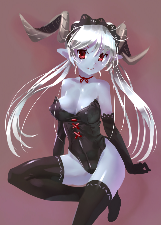 bare_shoulders black_legwear blue_skin breasts choker cleavage demon_girl elbow_gloves gloves horns katahira_masashi medium_breasts original pointy_ears red_eyes ribbon_choker silver_hair sketch solo thighhighs white_hair