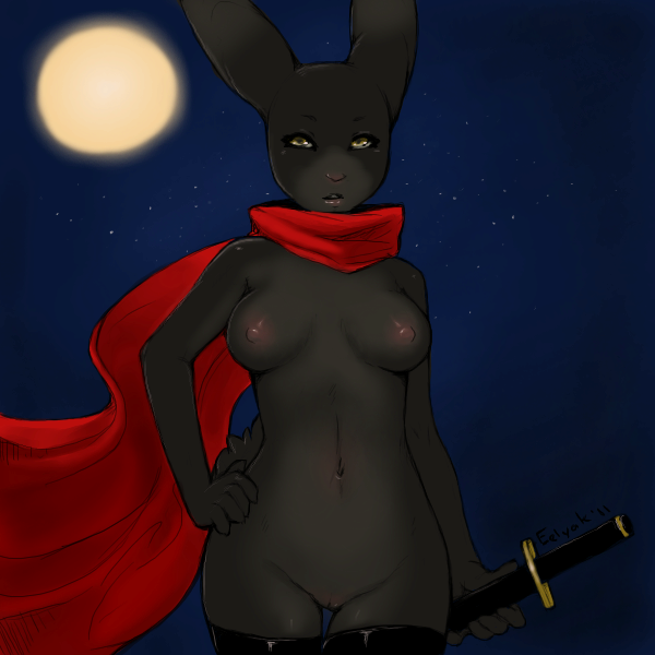 areola average_breasts breasts buck_tooth cape countershading ears_up eelyak female flat_belly fur grey_fur hands katana lagomorph legwear looking_at_viewer looking_up mammal moon natural_breasts navel night night_time nipples nude open_mouth pink_nose pussy rabbit scarf solo standing stars stockings sword teeth thigh_highs tooth weapon yellow_eyes