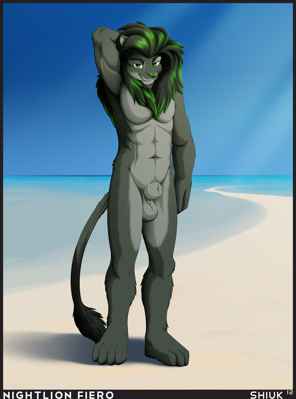 abs anthro armpits arms_behind_head balls beach biceps black_hair english_text feline flaccid flexing fur green_eyes green_fur green_hair green_nose grey_fur hair lion long_hair looking_at_viewer male mammal muscles nude pecs penis pose sand sea seaside sheath shiuk sky smile solo standing text two_tone_hair water