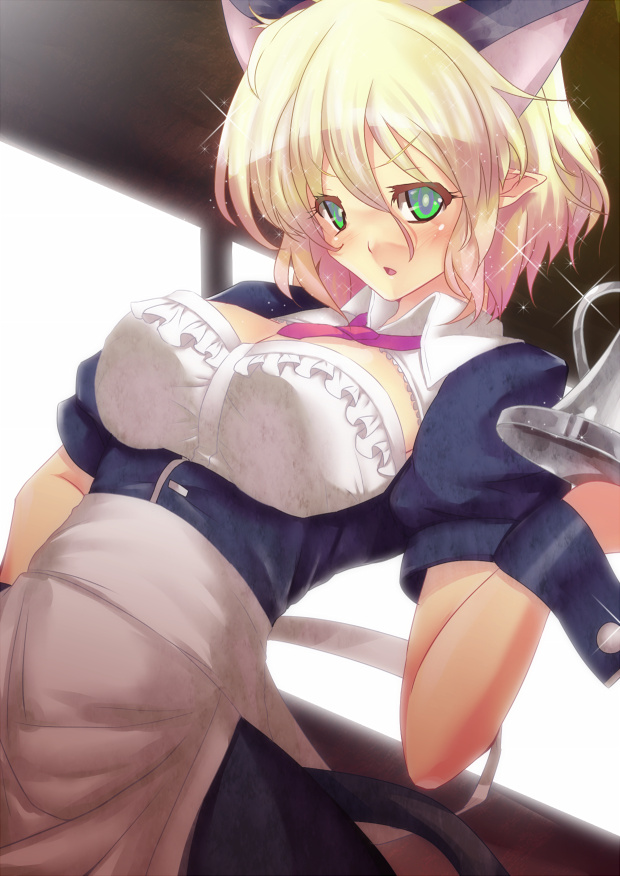 alternate_costume animal_ears animated animated_png bad_id bad_pixiv_id bait_and_switch blonde_hair blush breasts carrying cat_ears cat_tail collarbone dutch_angle green_eyes large_breasts mizuhashi_parsee navel non-looping_animation open_mouth pointy_ears ponytail short_hair solo sousakubito sparkle tail teapot thumbnail_surprise touhou tray waitress wrist_cuffs
