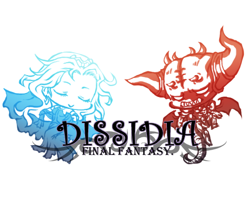 1girl chaos_(dff) chibi closed_eyes commentary cosmos_(dff) dissidia_final_fantasy dress fangs final_fantasy horns lowres nigou_(equal1014) parody tail wings