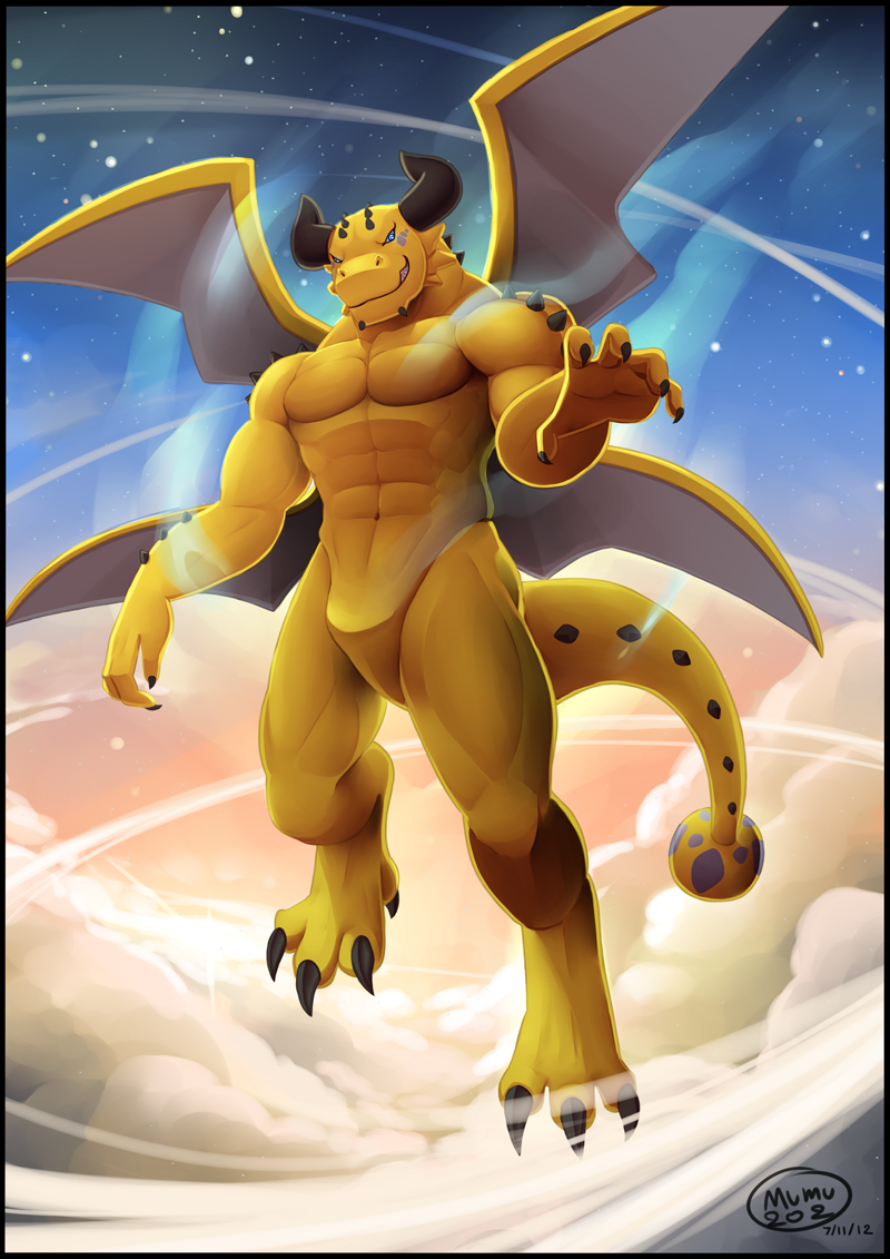 abs anthro biceps big big_muscles blue_dragon_(series) blue_eyes claws clenched_teeth cloud clouds dragon fangs flying grin horn looking_at_viewer male mumu202 muscles night nude pecs pose rudolph_(blue_dragon) scales scalie sky solo teeth toe_claws tongue wings yellow_dragon