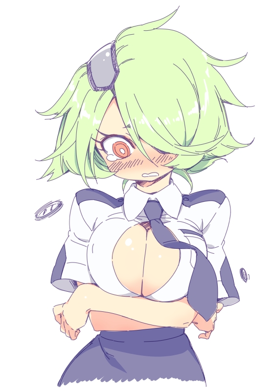 bad_id bad_pixiv_id blush breast_lift breasts bursting_breasts buttons cleavage crossed_arms eyepatch flying_button green_hair hair_over_one_eye impossible_clothes large_breasts necktie open_clothes open_mouth open_shirt otonashi_kiruko popped_button ringed_eyes shinmai_fukei_kiruko-san shirt short_hair simple_background skirt solo sumaki_shungo tears wardrobe_malfunction wavy_mouth yellow_eyes