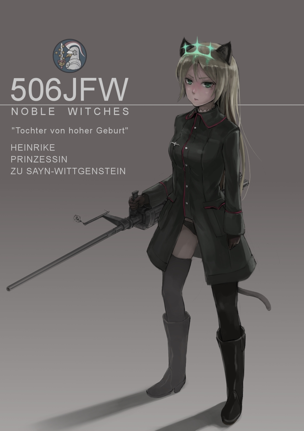 animal_ears black_legwear blonde_hair character_name german gradient gradient_background green_eyes grey_background gun heinrike_prinzessin_zu_sayn-wittgenstein highres hirschgeweih_antennas holding lif long_hair mg_151_cannon noble_witches solo standing tail thighhighs translated uniform weapon world_witches_series