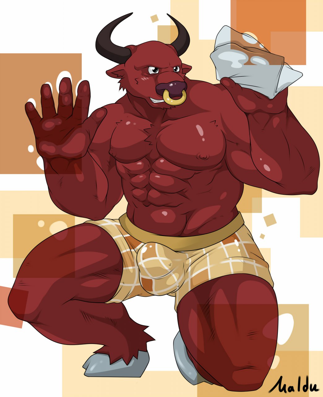 biceps big_muscles bovine boxers bulge cattle chest_tuft clothed clothing facial_piercing fur half-dressed hooves horn kneeling maldu male mammal muscles nipples nose_piercing nose_ring pecs piercing red_skin shorts solo topless trunks trunks_(clothing) tuft underwear window_washing