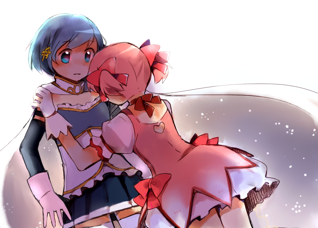 armband bad_id bad_pixiv_id banned_artist blue_eyes blue_hair bow cape gloves hair_bow hair_ornament hairclip itou_mikan kaname_madoka magical_girl mahou_shoujo_madoka_magica mahou_shoujo_madoka_magica_movie miki_sayaka multiple_girls pink_hair short_twintails twintails