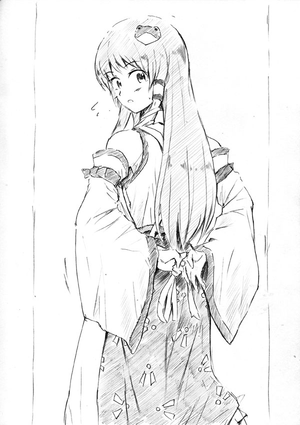 detached_sleeves greyscale kochiya_sanae long_hair looking_back monochrome solo touhou traditional_media vent_arbre