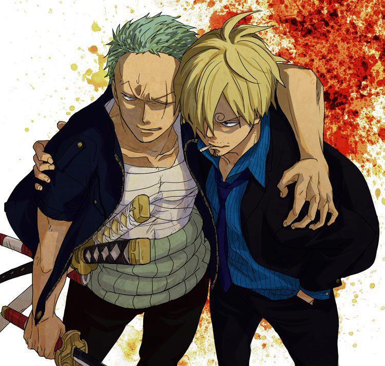 2boys bandage blonde_hair formal green_hair hair_over_one_eye haramaki leaning male male_focus multiple_boys muscle necktie one-eyed one_piece open_clothes open_shirt roronoa_zoro sanji shirt suit sword weapon