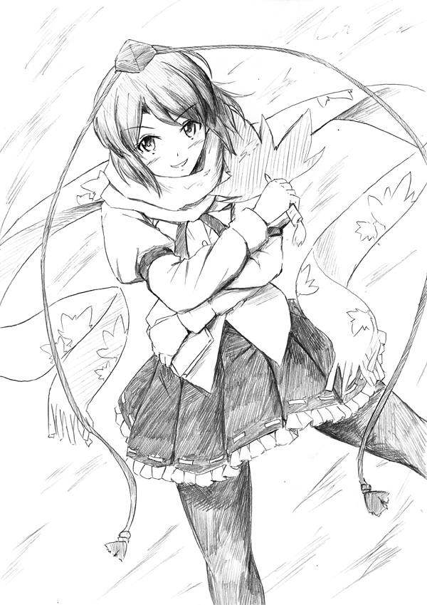 blush greyscale looking_at_viewer monochrome shameimaru_aya skirt smile solo touhou traditional_media vent_arbre