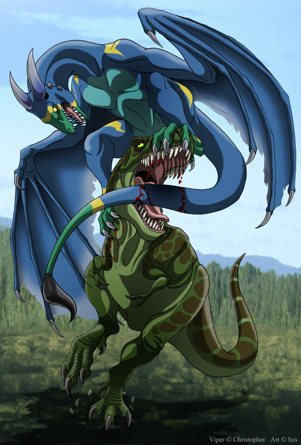 blood dinosaur dragon feral fight isismasshiro scalie tyrannosaurus_rex wings wyvern