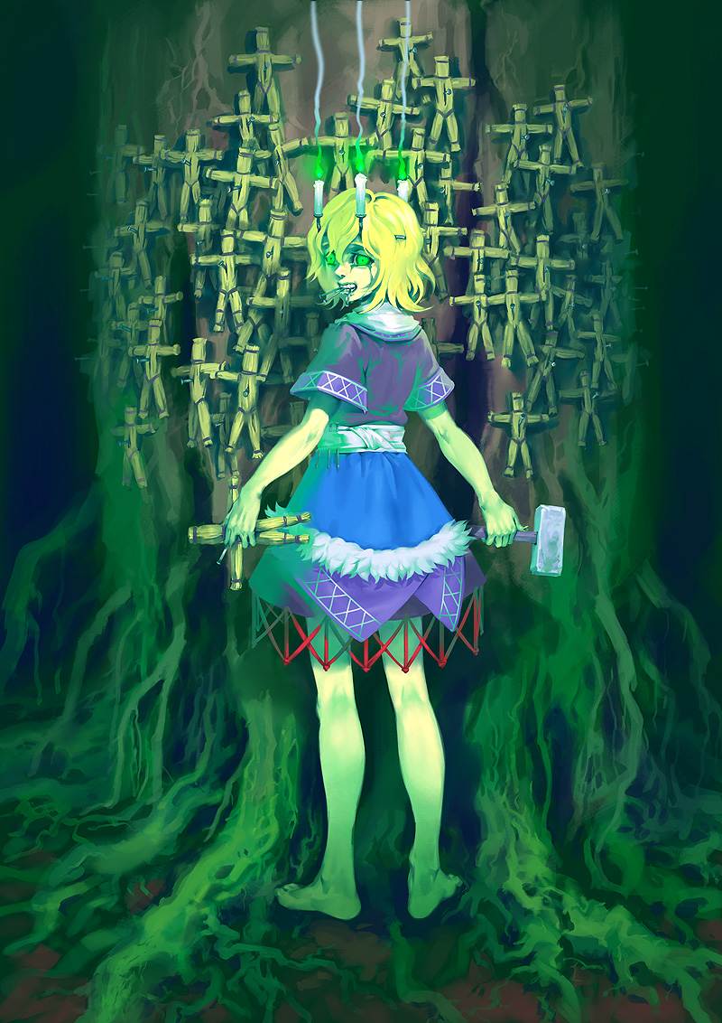 barefoot blonde_hair candle fire green_eyes green_fire hammer hashihime holding mizuhashi_parsee momijigari mouth_hold nail short_hair skirt solo touhou tree waraningyou