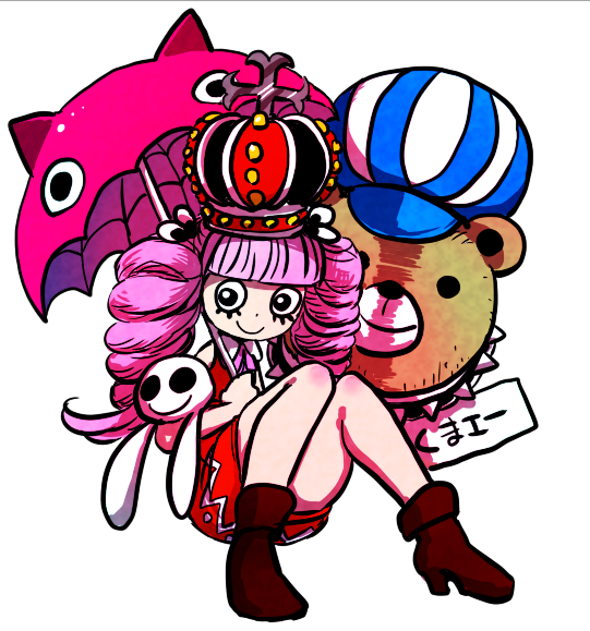 1girl bear crown female ghost hat kumacy one_piece pano_(uehe) perona pink_hair pixiv_manga_sample sitting stuffed_toy twintails umbrella