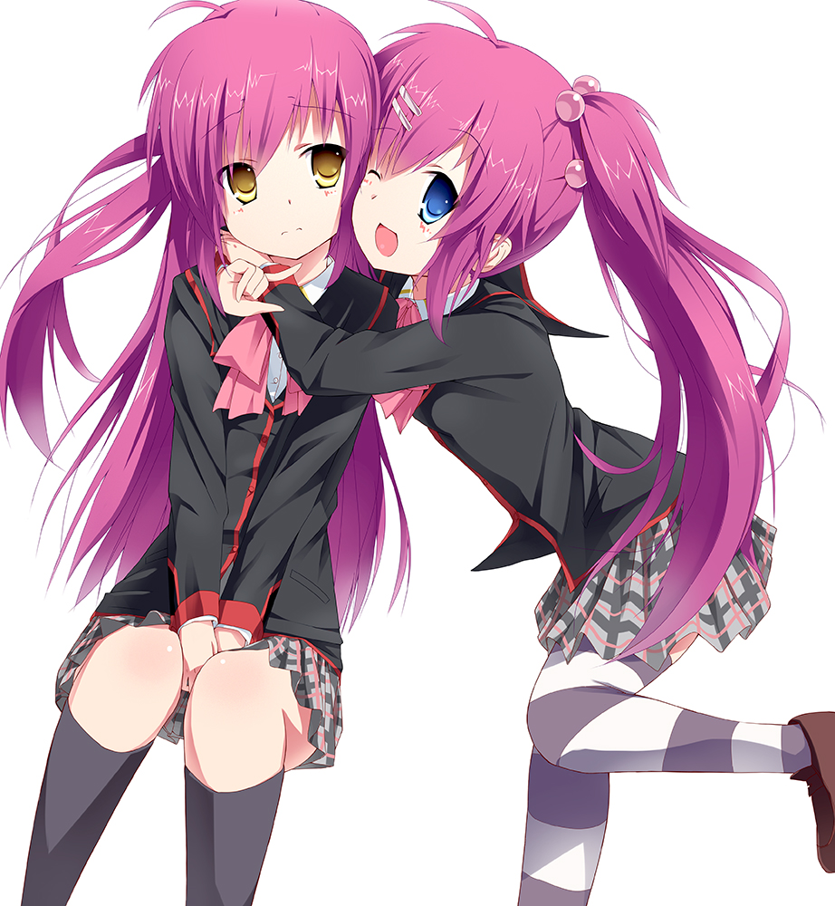 blue_eyes bow brown_eyes futaki_kanata hair_bobbles hair_ornament little_busters! long_hair multiple_girls one_eye_closed pink_bow plaid plaid_skirt purple_hair saigusa_haruka school_uniform side_ponytail skirt striped striped_legwear thighhighs toguro_(ojui0101)