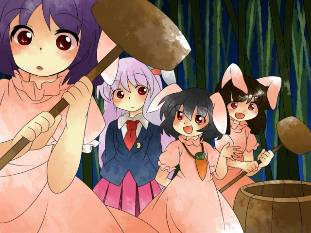 animal_ears black_hair blush bunny_ears hammer_(sunset_beach) inaba inaba_tewi mallet moon_rabbit multiple_girls necktie open_mouth purple_hair red_eyes reisen_udongein_inaba skirt smile touhou