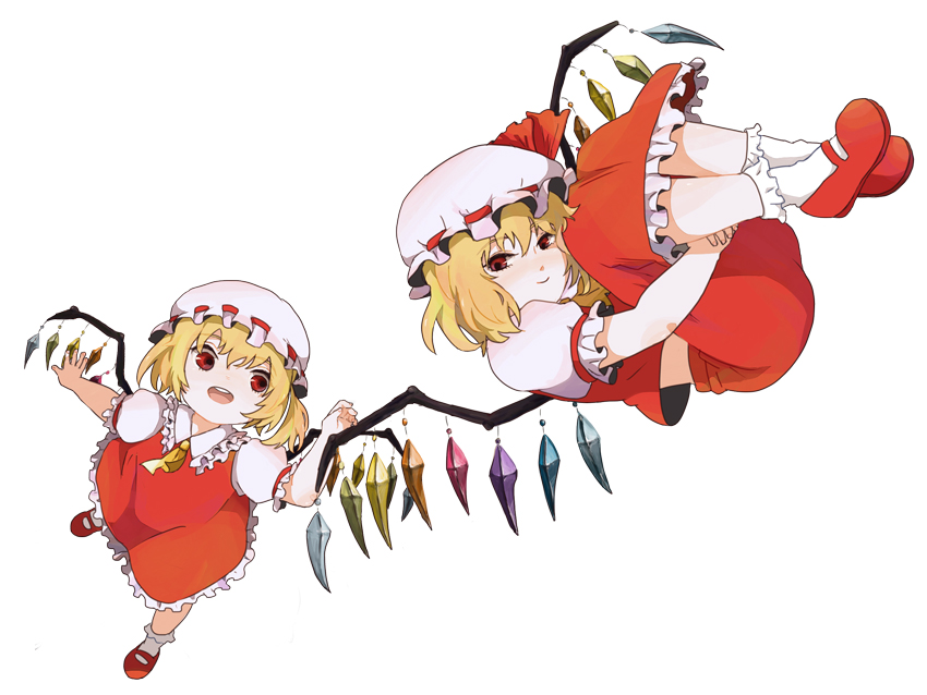 ascot bad_id bad_pixiv_id blonde_hair bobby_socks dress dual_persona flandre_scarlet hat hat_ribbon mary_janes multiple_girls open_mouth red_eyes ribbon shoes short_hair smile socks sutenuko time_paradox touhou wings
