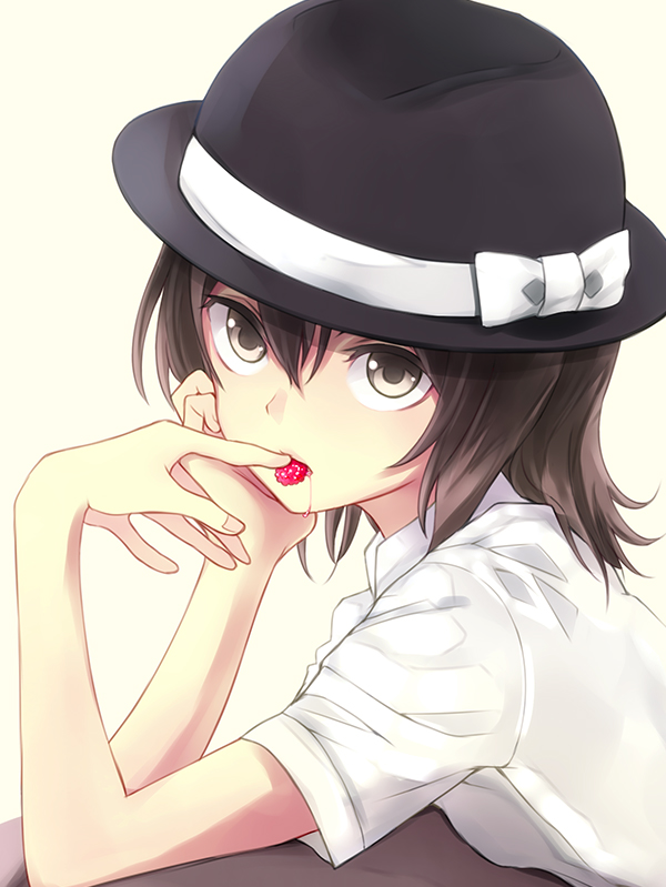 androgynous bad_id bad_pixiv_id black_eyes black_hair black_hat bowler_hat food fruit hat hat_ribbon holding looking_at_viewer looking_to_the_side neo-traditionalism_of_japan pt raspberry ribbon shirt short_hair solo touhou usami_renko white_background white_shirt