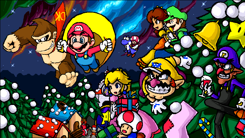 4girls 6+boys alcohol aurora birdo blonde_hair blue_eyes boots bow building buildings candy candy_cane cap cape_mario castle christmas crown diddy_kong donkey_kong donkey_kong_(series) donkey_kong_country dress earrings eyes facial_hair flying gate gift glass grin hat house jewelry legwear luigi mario mario_(series) multiple_boys multiple_girls mustache necktie night nintendo outdoors outside present princess princess_daisy princess_peach red_hair riding sky smile star starman_(mario) super_mario_bros. super_mario_land super_mario_world super_star suspenders teeth thighhighs tie toad toad_(mario) toadette waluigi wario wine wings yoshi