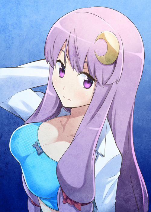 breasts casual cleavage crescent crescent_hair_ornament hair_ornament hairclip large_breasts long_hair looking_at_viewer patchouli_knowledge purple_eyes purple_hair solo touhou yuuzii